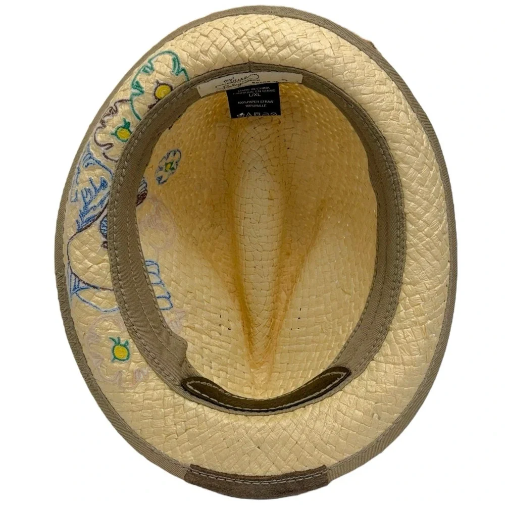 True Religion Sz L/XL 100% Paper Straw Embroidered World Tour Buddha Trilby‎ Hat